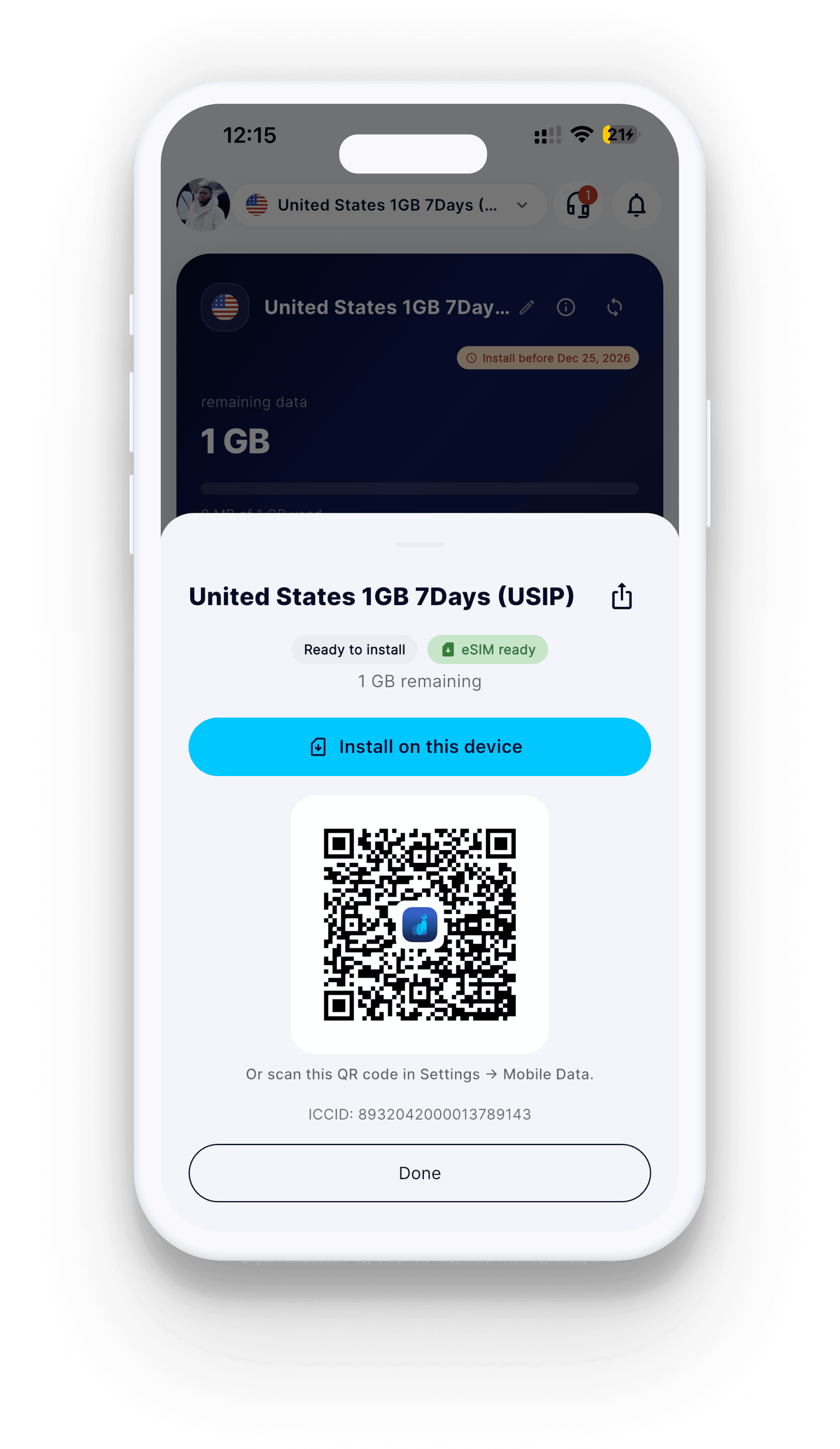 BaxSim app on iPhone — eSIM installation and QR setup